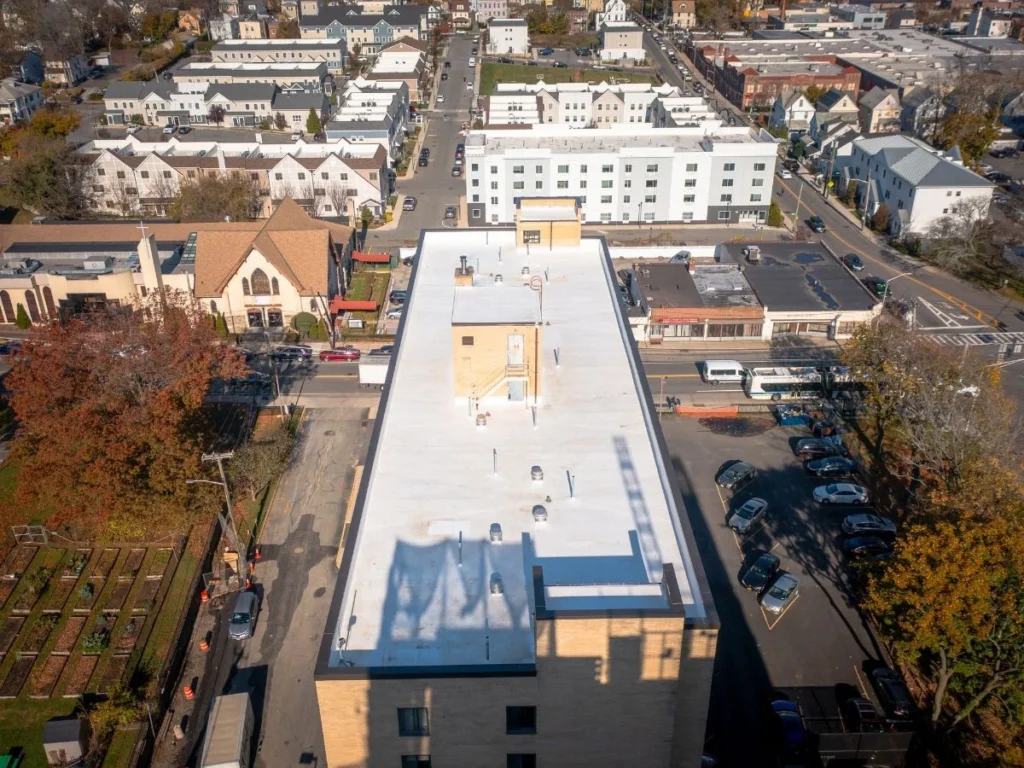 drone shot of white flat roof