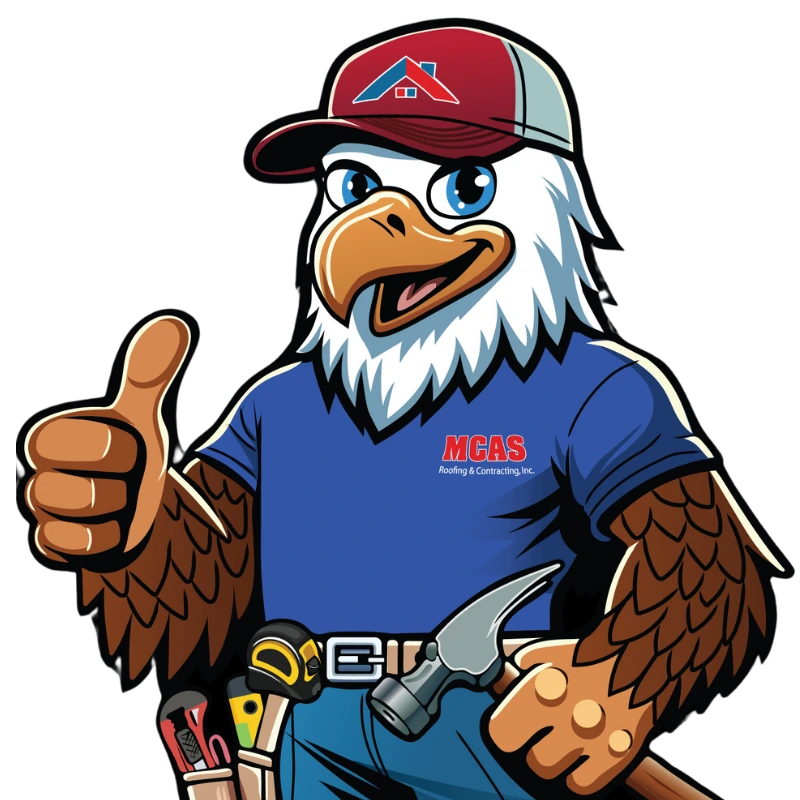 MCAS Roofing & Contracting eagle mascot wearing MCAS shirt and holding hammer