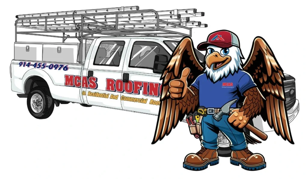 cartoon drawing of MCAS Roofing pickup truck with Eagle Mascot