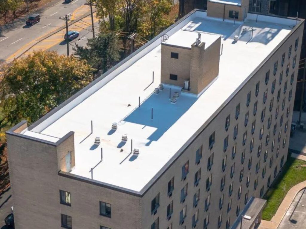 Drone photograph of New Rochelle apartment building after commercial roof replacement