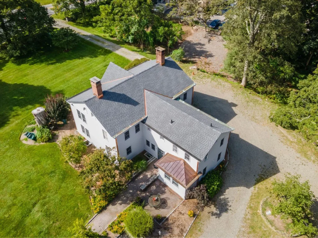 rear of home drone shot after gaf timberline hdz roof replacement