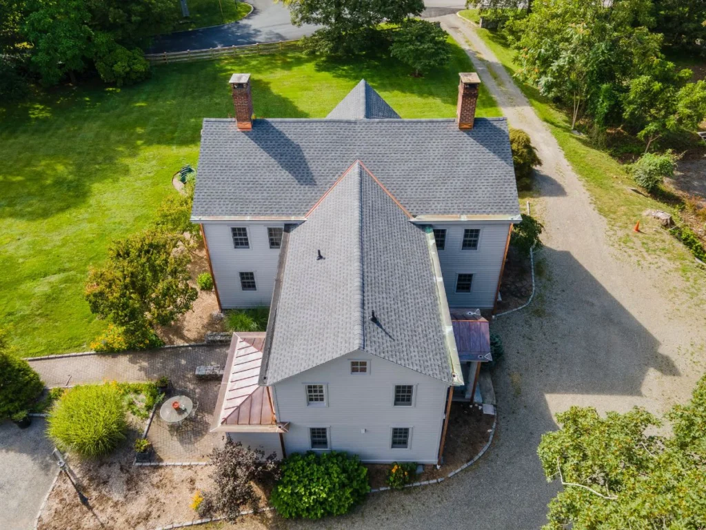 back side of home drone shot of after gaf timberline hdz roof replacement