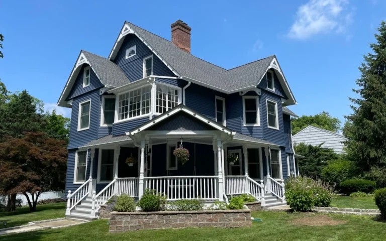 light grey shingle roof replacement on colonial style home