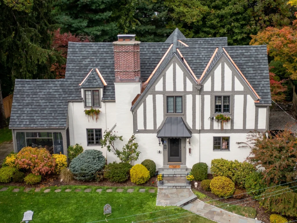 Front view after GAF Architectural Shingle Roof Replacement Bronxville NY with copper roof valleys