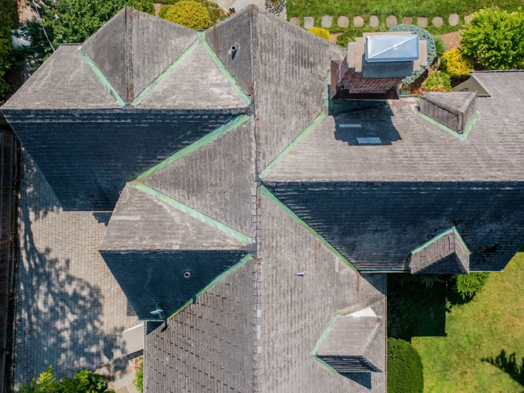 Aerial top down view before GAF Architectural Shingle Roof Replacement Bronxville NY