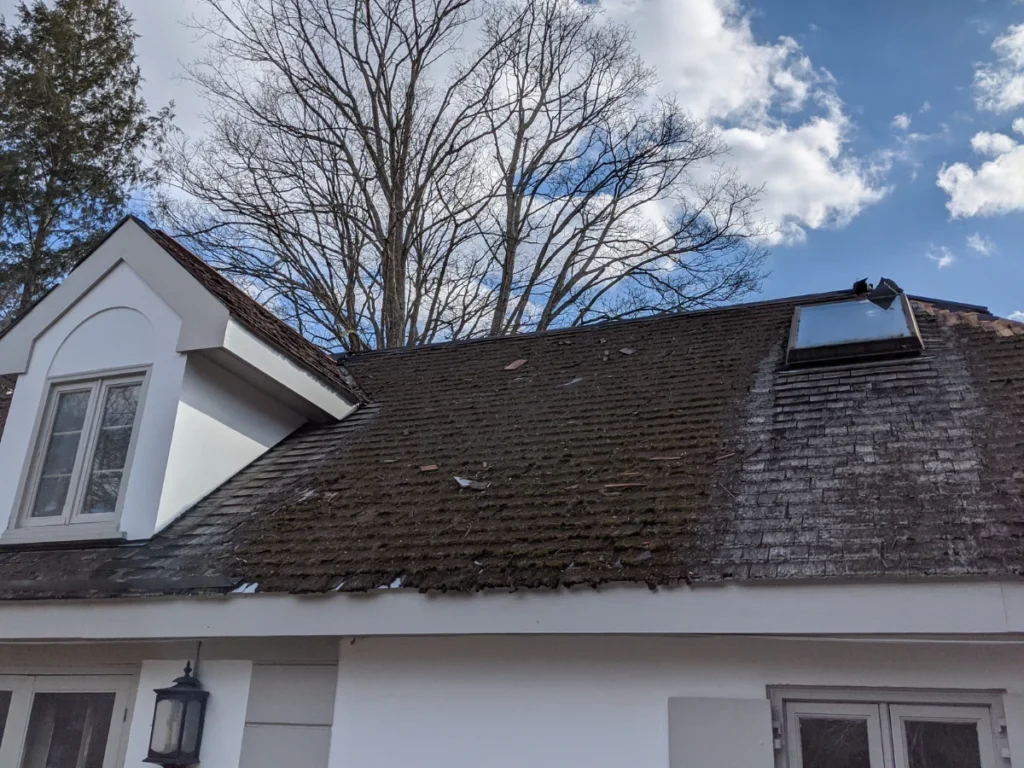 old roof shingles covered in moss on a house near north salem, ny