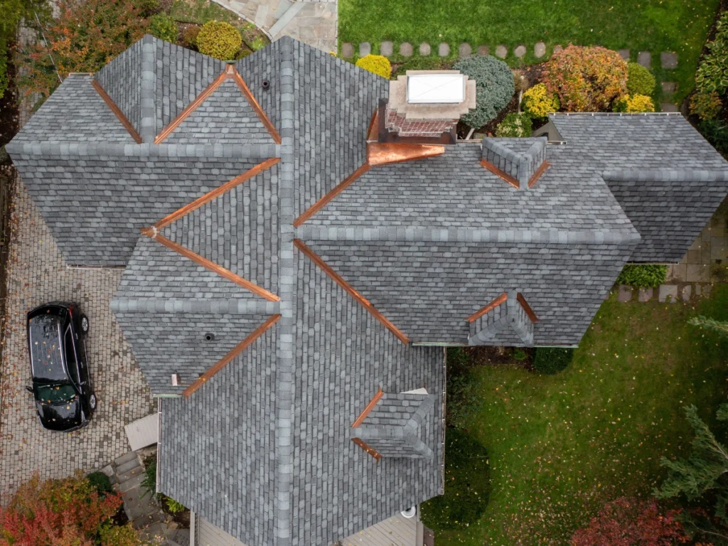 top down view of GAF architectural designer shingle roof replacement near new rochelle, NY