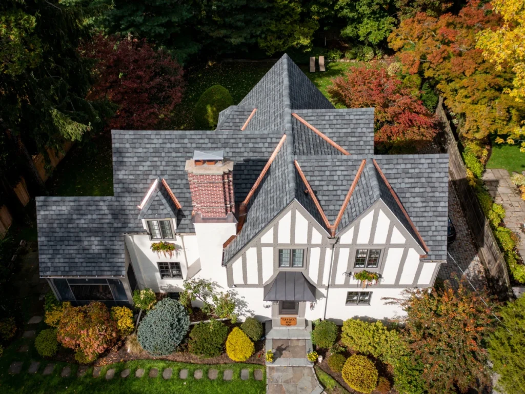 aerial view of new grey shingle rof